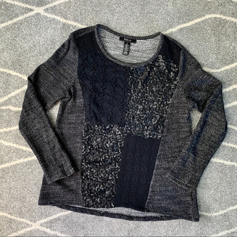 Style & Co. Black Sweater w/ Sequin & Eyelet Lace